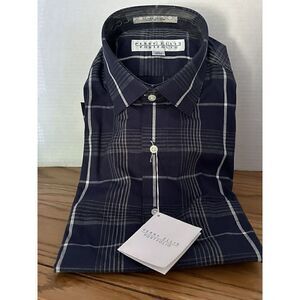 Perry Ellis Portfolio Button Up Blue Plaid Shirt 100% Cotton 15 32/33